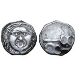 Etruria, Populonia AR 20 Asses. Circa 300-250 BC. Facing head of Metus, hair bound with diadem; X