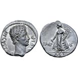 Augustus AR Denarius. Lugdunum, 15 BC. AVGVSTVS DIVI•F, bare head right / Apollo Citharoedus of