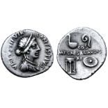 Augustus AR Denarius. Rome, 16 BC. C. Antistius Vetus, moneyer. C ANTISTIVS VETVS III VIR, draped