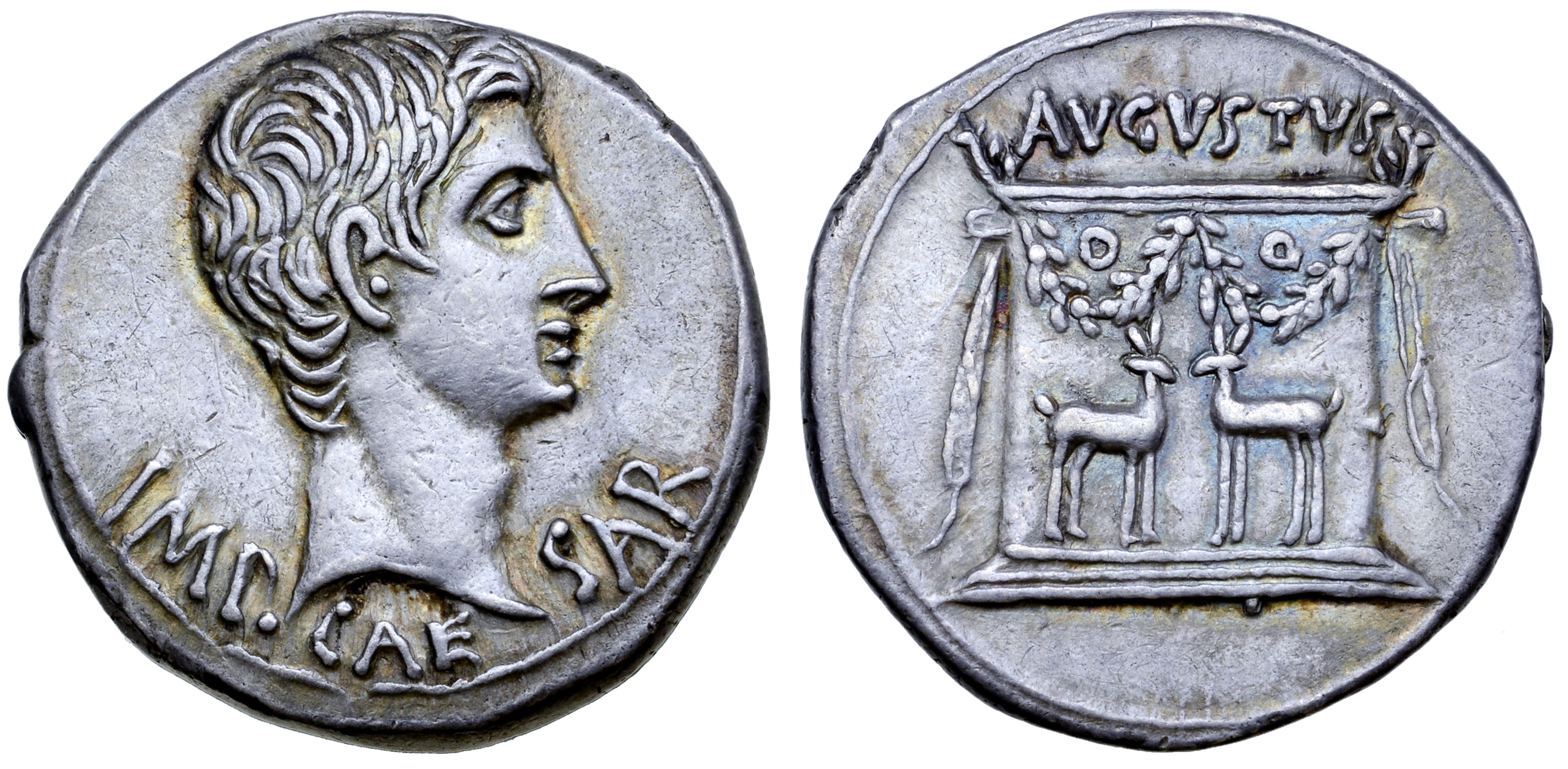 Augustus AR Cistophorus. Ephesus, 24-20 BC. IMP CAESAR, bare head right / AVGVSTVS above garlanded