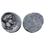 Etruria, Populonia AR As. 3rd century BC. Male head right / Blank. EC I, 109.3 (O3, this coin); HN