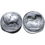 Lucania, Sybaris AR Stater. Circa 530-510 BC. Bull standing left, head right; VM above / Incuse bull