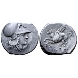 Bruttium, Hipponion AR Stater. Circa 350-300 BC. Head of Athena right, wearing Corinthian helmet /