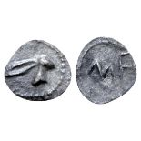 Sicily, Messana AR Dionkion. Circa 480-460 BC. Head of hare right, within dotted circular border /