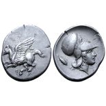 Corinthia, Corinth AR Stater. Circa 400-375 BC. Pegasos flying left, Q below / Helmeted head of