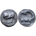 Lucania, Sybaris AR Stater. Circa 530-510 BC. Bull standing left, head right; VM in exergue / Incuse