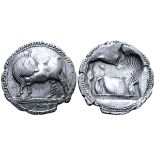 Lucania, Sybaris AR Stater. Circa 530-510 BC. Bull standing left, head right; VM in exergue / Incuse