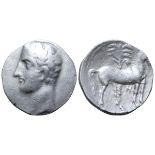 North Africa, Carthage AR Shekel. Time of Hannibal. Carthago Nova, circa 218-206 BC. Bare male