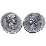 Kings of Mauretania, Juba II with Cleopatra Selene AR Denarius. Caesarea, Circa AD 11-23. REX IVB[