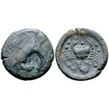 Sicily, Akragas Æ Hemilitron. Circa 425-406 BC. Sea-eagle flying right, holding dead hare in its