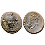 Lucania, Metapontion Æ17. Circa 300-250 BC. Draped bust of Athena facing slightly right, wearing