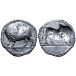 Lucania, Sybaris AR Stater. Circa 530-510 BC. Bull standing left, head right; VM above / Incuse bull