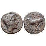 Sicily, Gela Æ Tetras. Circa 420-405 BC. Head of young river god right; barley grain to left, ?E?