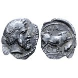 Sicily, Abakainon AR Litra. Circa 430-420 BC. Laureate and bearded head right / Boar standing right,