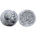 Aeolis, Myrina AR Tetradrachm. Circa 160-143 BC. Stephanophoric type. Laureate head of Apollo