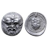 Lesbos, Methymna AR Hemiobol. Circa 350/30-250/40 BC. Facing head of Silenos / Tortoise within