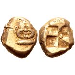 Mysia, Kyzikos EL Stater. Circa 500-450 BC. Facing gorgoneion with mouth open and tongue protruding,