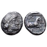Philistia, Gaza AR Drachm. Mid 5th century-333 BC. Female(?) head right, wearing oriental