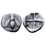 Ionia, Ephesos AR Hemidrachm. Circa 350-325 BC. Bee with straight wings; E-? flanking /