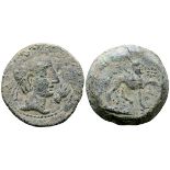 Spain, Castulo Æ As. Late 2nd century BC. Diademed male head right; hand before / Sphinx with