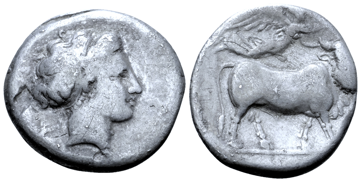 Campania, Neapolis AR Didrachm. Circa 300-275 BC. Head of nymph right / Man-headed bull walking