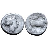 Campania, Neapolis AR Didrachm. Circa 300-275 BC. Head of nymph right / Man-headed bull walking