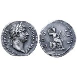 Hadrian AR Denarius. Rome, AD 134-138. HADRIANVS AVGVSTVS P P, laureate head right / COS I I I, Roma