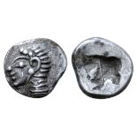 Ionia, Kolophon AR Hemiobol. Circa 530-500 BC Archaic head of Apollo left / Irregular incuse