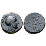 Phrygia, Eumeneia Æ19. Before 133 BC. Head of Athena right, wearing crested Corinthian helmet /