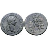 Domitian Æ Dupondius. Rome, AD 85. IMP CAES DOMITIAN AVG GERM COS XI, radiate bust right, with aegis