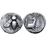 Ionia, Ephesos AR Tetradrachm. Timolas, magistrate. Circa 370-360 BC. Bee with straight wings; E-?