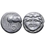 Mysia, Parion AR Hemidrachm. 4th century BC. Bull standing left, head right; ?A-RI above and