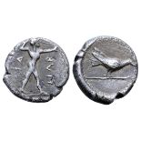 Lucania, Sybaris AR Triobol. 453-448 BC. Poseidon striding right, wielding trident; uncertain legend