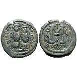 Justin II, with Sophia, Æ 40 Nummi. Nicomedia, dated RY 9 = 573/4 AD. D N IVSTINVS P P ?VG, Justin