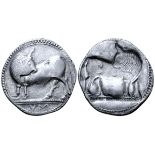 Lucania, Sybaris AR Stater. Circa 530-510 BC. Bull standing left, head right; VM in exergue / Incuse