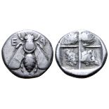 Ionia, Ephesos AR Drachm. Circa 340-325 BC. Bee with straight wings; E-? flanking / Quadripartite