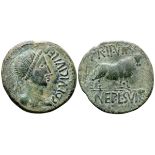 Spain, Lepida-Celsa Æ As. Circa 44-36 BC. L. Nep. and L. Sura, duoviri. COL VIC IVL LEP, diademed