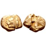 Mysia, Kyzikos EL Stater. Circa 550-500 BC. Head of roaring lioness left, tunny fish behind /