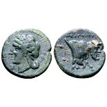 Campania, Neapolis Æ15. Circa 270-250 BC. Laureate head of Apollo left; X below chin / ??????????,