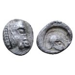 Western Asia Minor, uncertain mint AR Tetartemorion. Mid to late 5th century BC. Head of calf right,