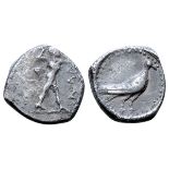 Lucania, Sybaris AR Triobol. 453-448 BC. Poseidon striding right, wielding trident; uncertain legend