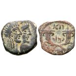 Nabataea, Rabbel II, with Gamilat, Æ17. Petra, AD 70-106. Jugate heads of Rabbel II and Gamilat