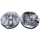 Ionia, Ephesos AR Drachm. Circa 340-325 BC. Bee with straight wings; E-? flanking / Quadripartite