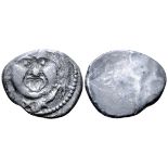 Etruria, Populonia AR 20 Asses. Circa 300-250 BC. Facing head of Metus, hair bound with diadem; X