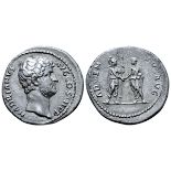 Hadrian AR Denarius. Rome, AD 134-138. HADRIANVS AVG COS III P P, bare head right / ADVENTVS AVG,