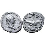 Domitian, as Caesar, AR Denarius. Struck under Vespasian. Rome, AD 79. CAESAR AVG F DOMITIANVS COS