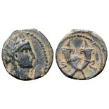 Nabataea, Aretas IV Æ13. Petra, circa 9 BC-AD 40. Laureate head right / Crossed cornucopiae; [