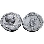 Trajan AR Denarius. Rome, AD 103-111. IMP TRAIANO AVG GER DAC P M TR P, laureate head right, drapery