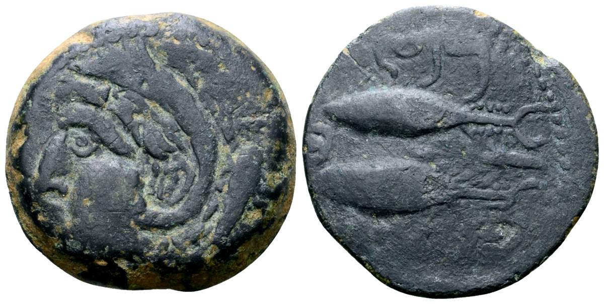 Spain, Gades Æ Unit. 2nd century BC. Head of Herakles-Melqart left, wearing lion skin headdress with