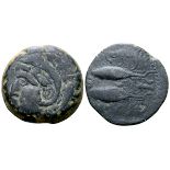 Spain, Gades Æ Unit. 2nd century BC. Head of Herakles-Melqart left, wearing lion skin headdress with